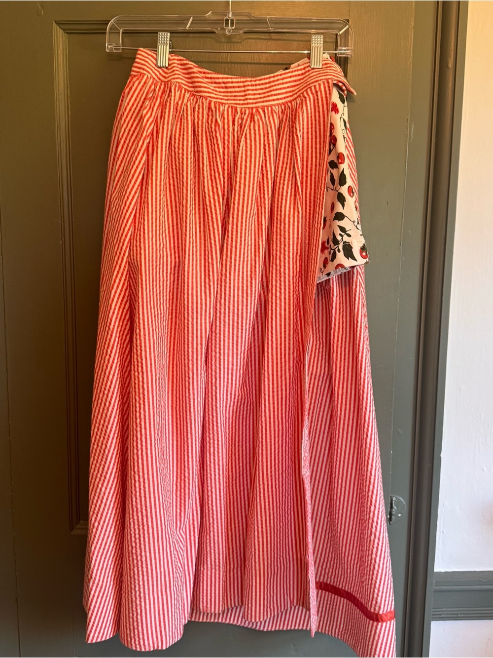 Anthropologie Maeve Red and White Striped Wrap Skirt With Tomato Print Shorts - Picture 3 of 11